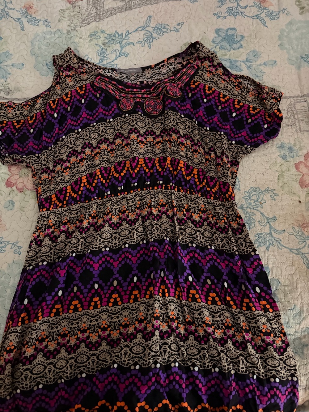 NY Collection Purple and Orange Patterned Short Sleeve Dress